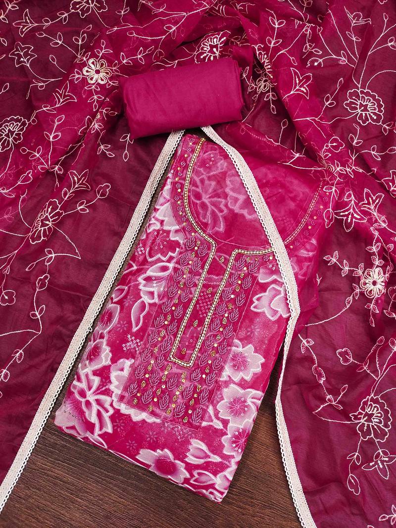 Women's magenta organza print handwork unstitched dress material
