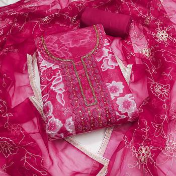 Women's magenta organza print handwork unstitched dress material 2