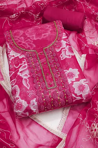 Women's magenta organza print handwork unstitched dress material