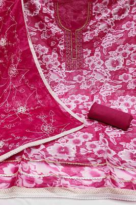 Women's magenta organza print handwork unstitched dress material 3