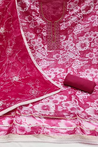 Women's magenta organza print handwork unstitched dress material
