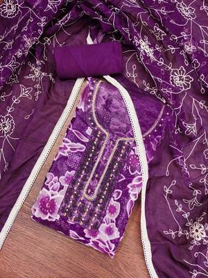Women's purple organza print handwork unstitched dress material 1