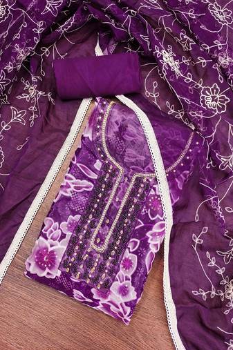 Women's purple organza print handwork unstitched dress material