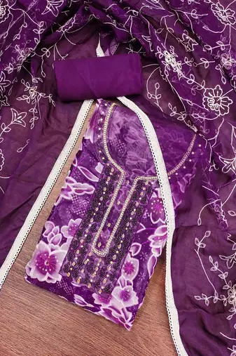 Women's purple organza print handwork unstitched dress material