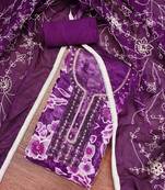 Women's purple organza print handwork unstitched dress material