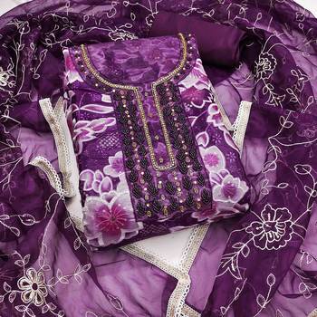 Women's purple organza print handwork unstitched dress material 2