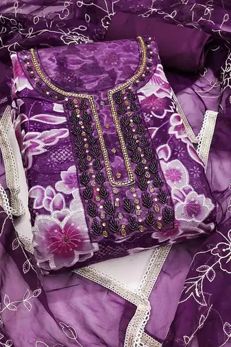 Women's purple organza print handwork unstitched dress material