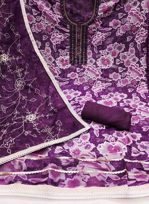 Women's purple organza print handwork unstitched dress material 3