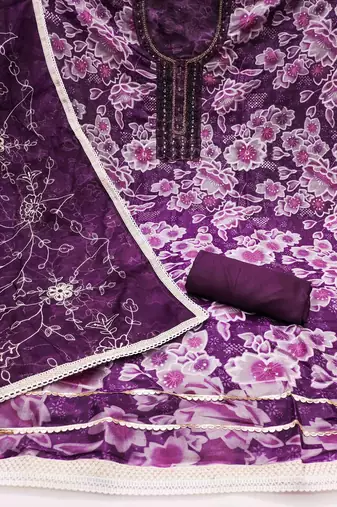 Women's purple organza print handwork unstitched dress material