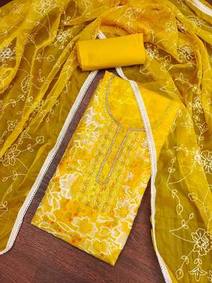 Women's yellow organza print handwork unstitched dress material 1