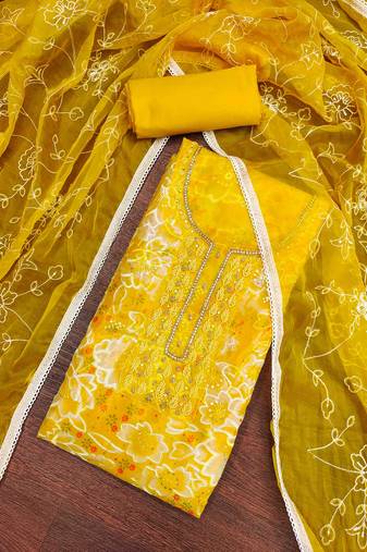 Women's yellow organza print handwork unstitched dress material