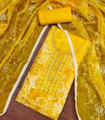 Women's yellow organza print handwork unstitched dress material