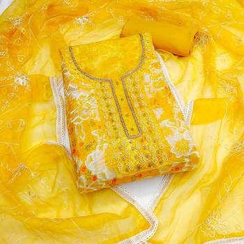 Women's yellow organza print handwork unstitched dress material 2