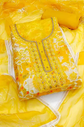 Women's yellow organza print handwork unstitched dress material