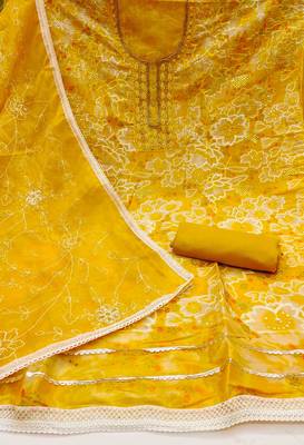 Women's yellow organza print handwork unstitched dress material 3