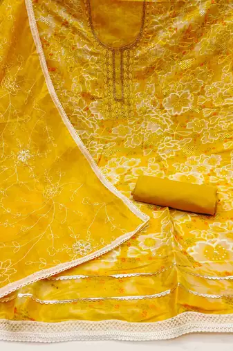 Women's yellow organza print handwork unstitched dress material