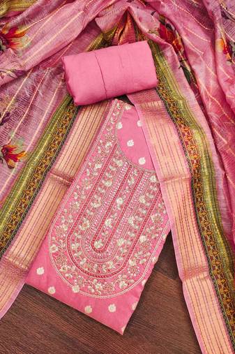 Women's pink banarasi embroidered unstitched dress material