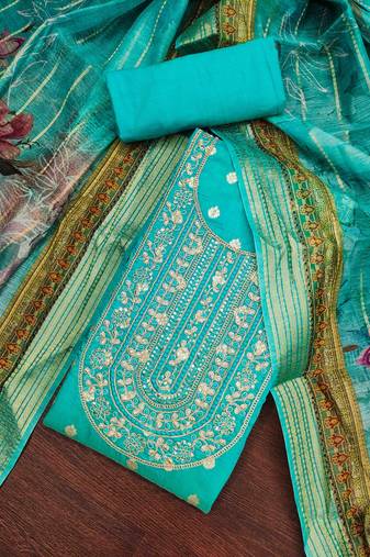 Women's turquoise banarasi embroidered unstitched dress material