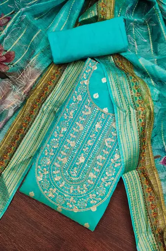 Women's turquoise banarasi embroidered unstitched dress material