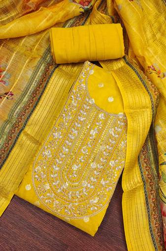 Women's yellow banarasi embroidered unstitched dress material