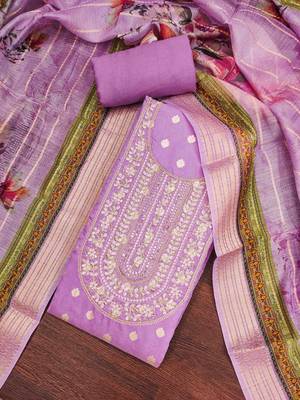 Women's lavender banarasi embroidered unstitched dress material 1