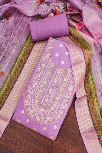 Women's lavender banarasi embroidered unstitched dress material