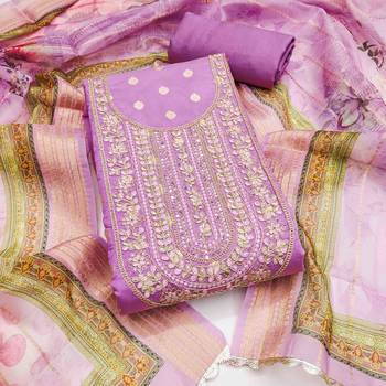 Women's lavender banarasi embroidered unstitched dress material 2