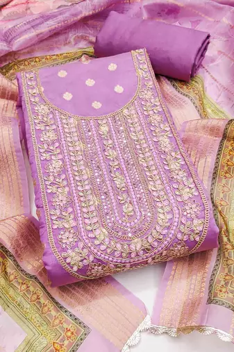 Women's lavender banarasi embroidered unstitched dress material