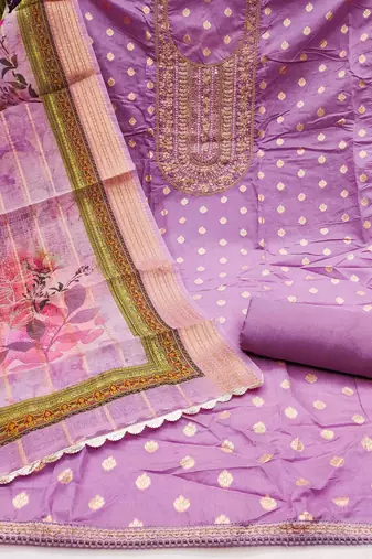 Women's lavender banarasi embroidered unstitched dress material