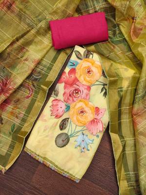 Women's yellow jam cotton print handwork unstitched dress material 1