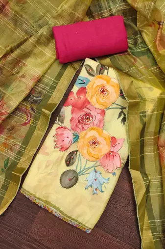 Women's yellow jam cotton print handwork unstitched dress material