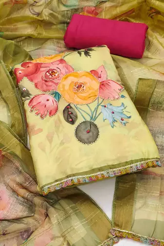 Women's yellow jam cotton print handwork unstitched dress material