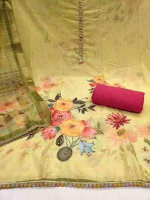 Women's yellow jam cotton print handwork unstitched dress material 3