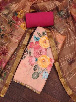 Women's peach jam cotton print handwork unstitched dress material 1