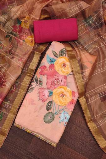 Women's peach jam cotton print handwork unstitched dress material