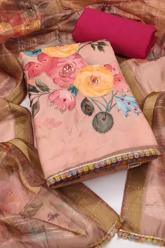 Women's peach jam cotton print handwork unstitched dress material