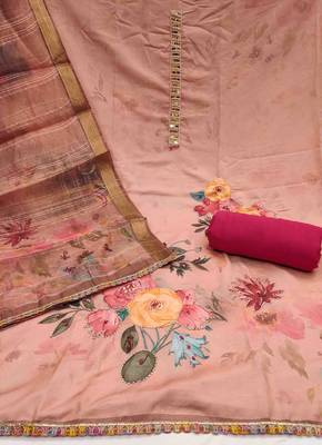 Women's peach jam cotton print handwork unstitched dress material 3