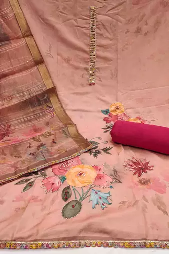Women's peach jam cotton print handwork unstitched dress material