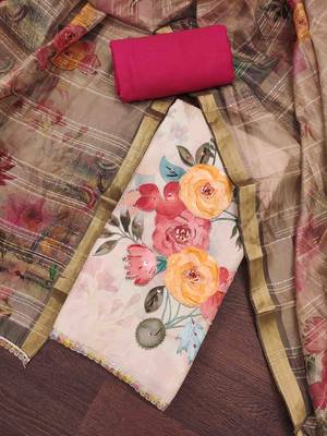Women's beige jam cotton print handwork unstitched dress material 1