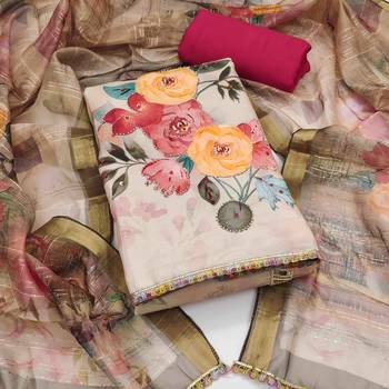 Women's beige jam cotton print handwork unstitched dress material 2
