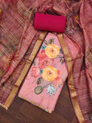 Women's pink jam cotton print handwork unstitched dress material 1