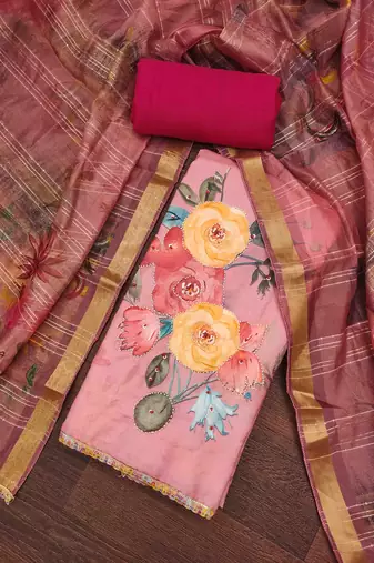 Women's pink jam cotton print handwork unstitched dress material
