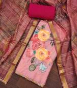 Women's pink jam cotton print handwork unstitched dress material