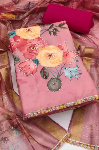 Women's pink jam cotton print handwork unstitched dress material