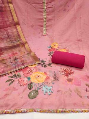 Women's pink jam cotton print handwork unstitched dress material 3