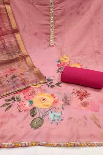 Women's pink jam cotton print handwork unstitched dress material