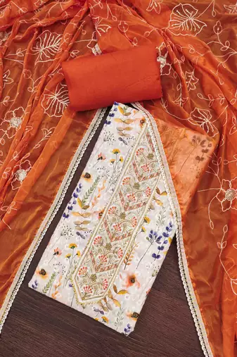 Women's off-white cambric cotton digital handwork unstitched dress material
