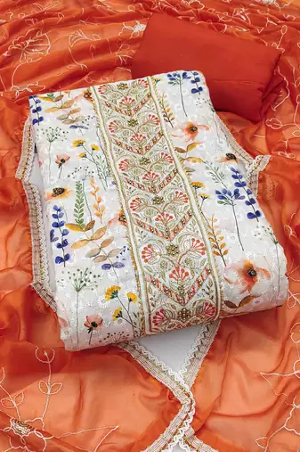Women's off-white cambric cotton digital handwork unstitched dress material