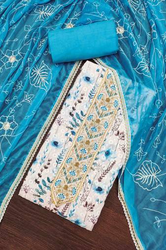 Women's off-white cambric cotton digital handwork unstitched dress material