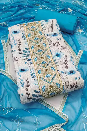 Women's off-white cambric cotton digital handwork unstitched dress material